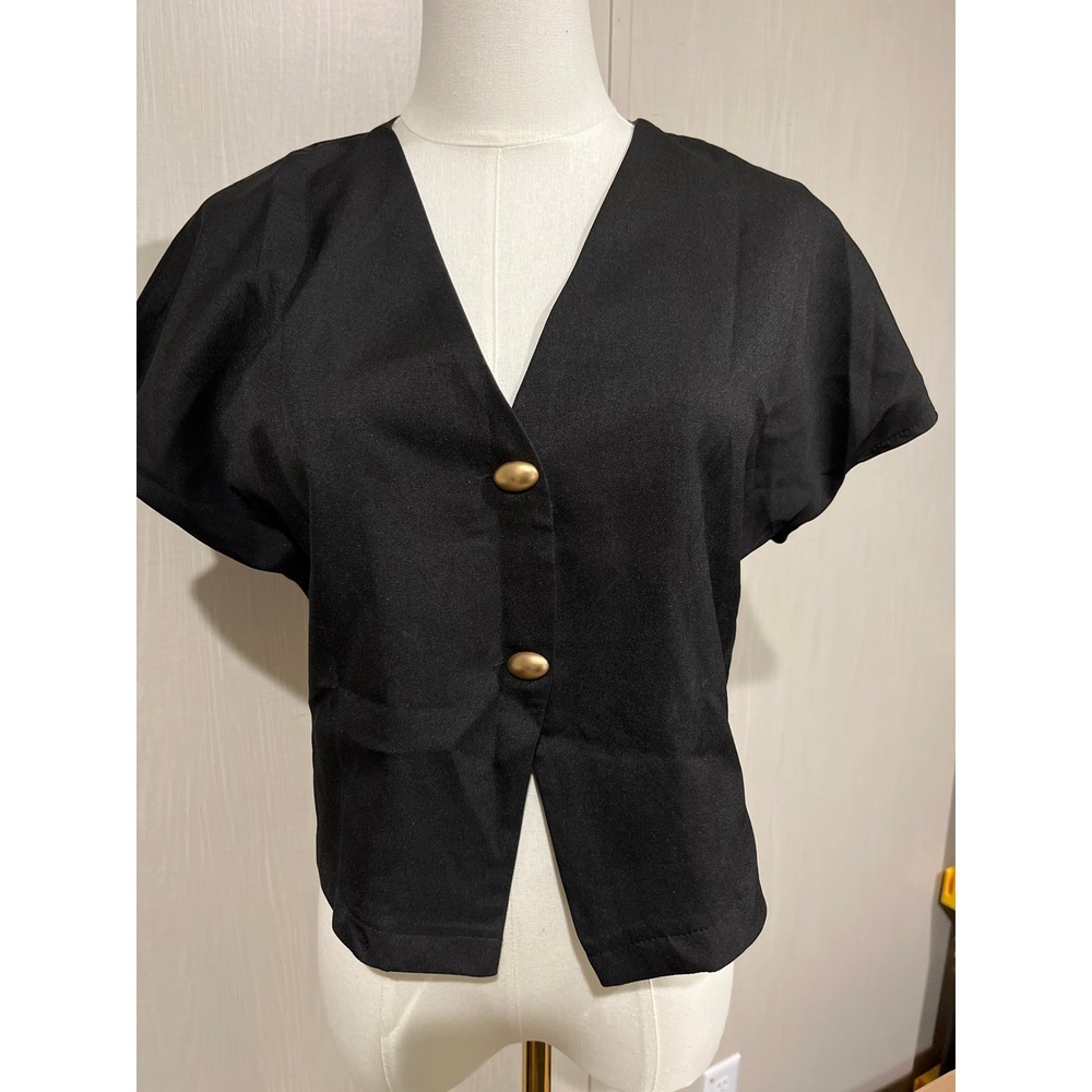 Black Short-Sleeve V-Neck Top with Gold Buttons Size XS
